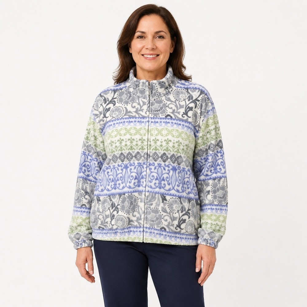 Alfred Dunner Women's Large Floral Scroll Full Zip Fleece Jacket Mock Neck